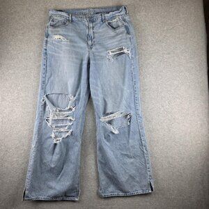American Eagle Baggy Wide Leg Jeans Womens 14 Blue Light Wash High Rise 34x29